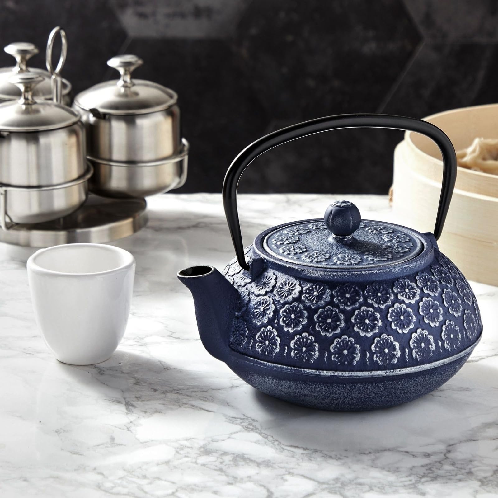 Japanese Cast Iron Teapot with Infuser for Loose Leaf and Tea Bags  Kettle Includes Handle and Removable Lid (Blue  34oz)